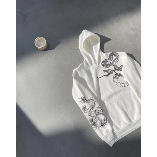 Uzun Kol Kapşonlu Baskılı weathirt  Beyaz