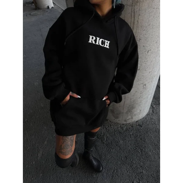 Uzun Kol Kapşonlu Göğüs Baskılı weathirt  iyah