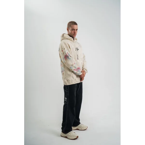 Uzun Kol Kapşonlu Yıkamalı Baskılı SweatShirt - Krem