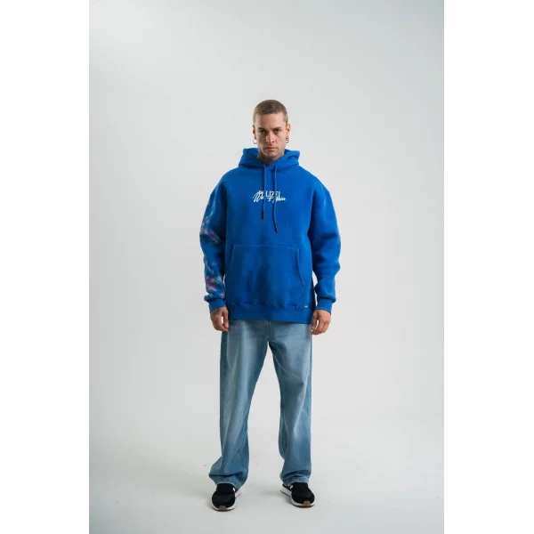 Uzun Kol Kapşonlu Yıkamalı Baskılı SweatShirt - Mavi