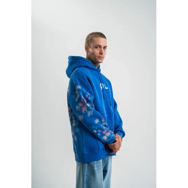 Uzun Kol Kapşonlu Yıkamalı Baskılı SweatShirt - Mavi