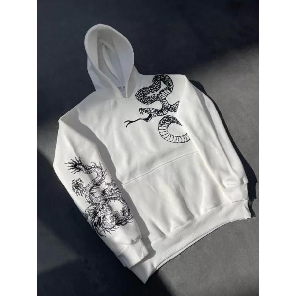 Uzun Kol Kapüşonlu Baskılı SweatShirt - Beyaz