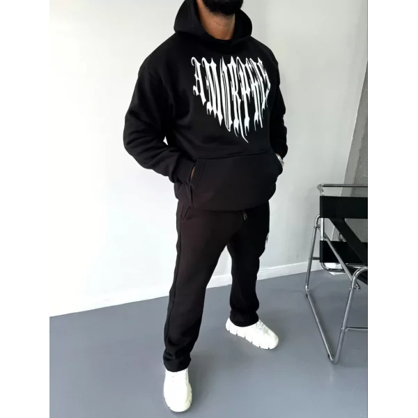 Uzun Kol Kapüşonlu Baskılı SweatShirt - Siyah
