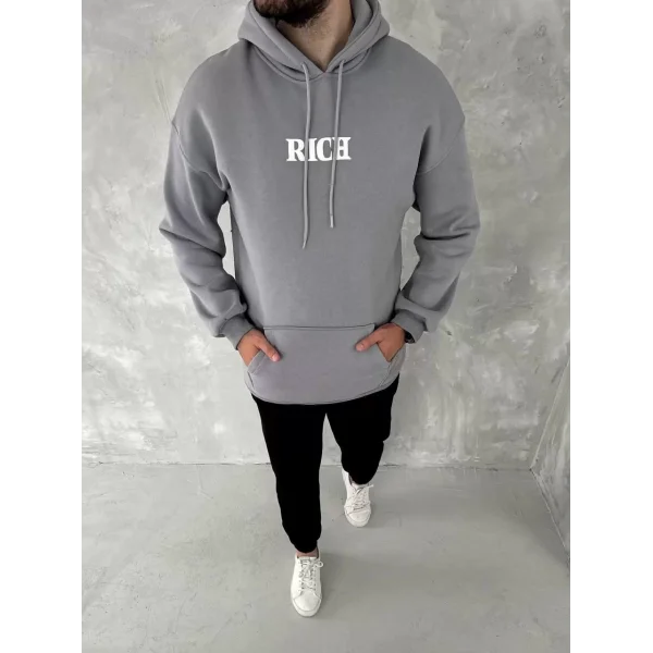 Uzun Kol Kapüşonlu Göğüs Baskılı SweatShirt - Gri