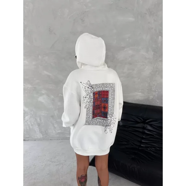 Uzun Kol Kapüşonlu Ön Ve Arka Baskılı SweatShirt - Beyaz