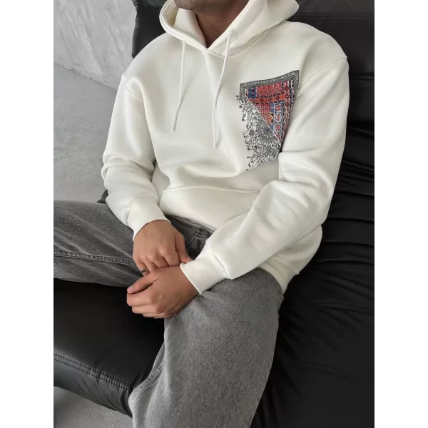 Uzun Kol Kapüşonlu Ön Ve Arka Baskılı SweatShirt - Beyaz
