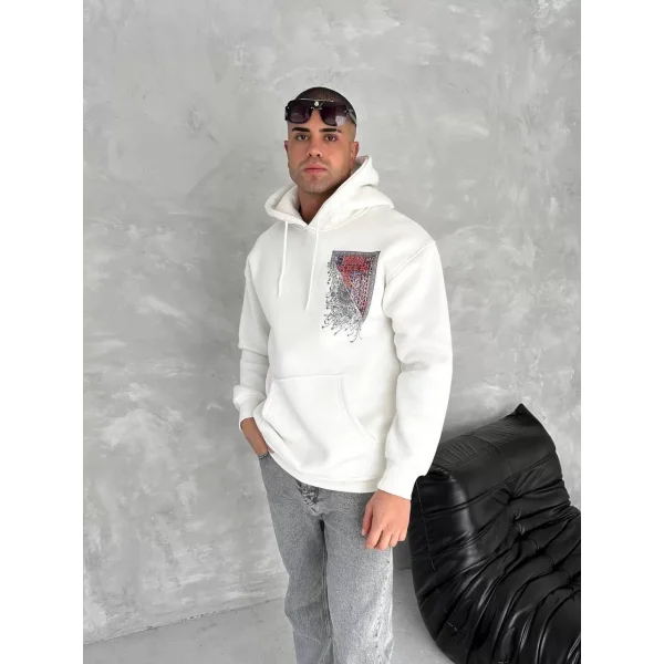 Uzun Kol Kapüşonlu Ön Ve Arka Baskılı SweatShirt - Beyaz