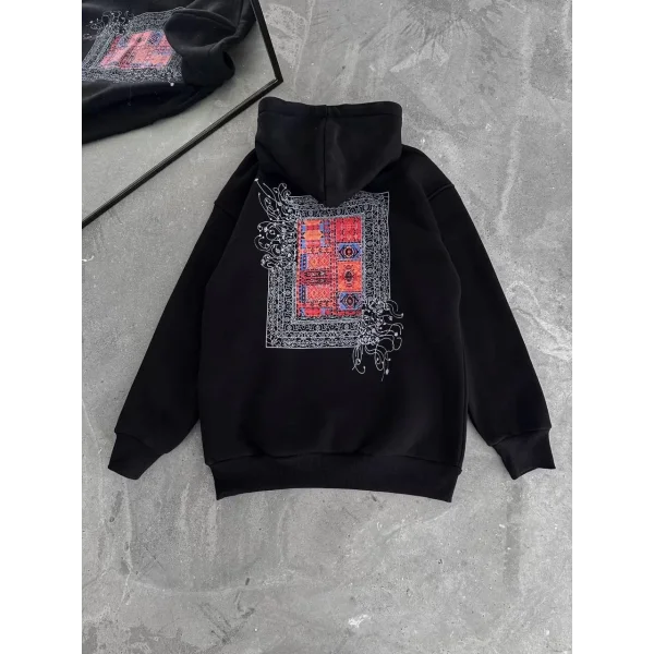 Uzun Kol Kapüşonlu Ön Ve Arka Baskılı SweatShirt - Siyah