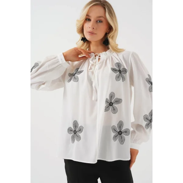 Uzun Kol Nakışlı Örme Bluz 951 - Beyaz