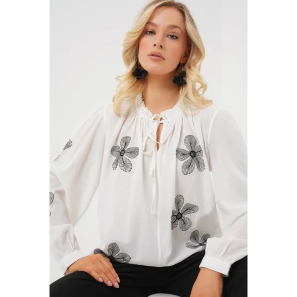 Uzun Kol Nakışlı Örme Bluz 951 - Beyaz