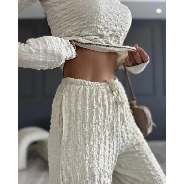 Uzun Kollu Badi ve Pantolon İkili Takım - Bej