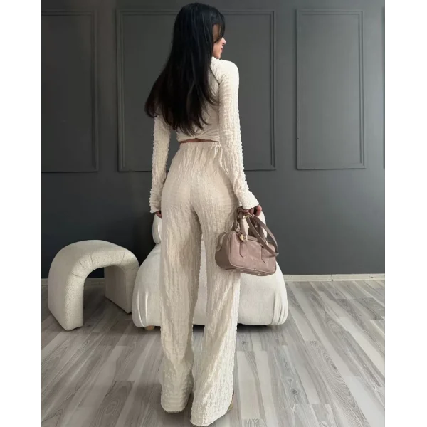 Uzun Kollu Badi ve Pantolon İkili Takım - Bej