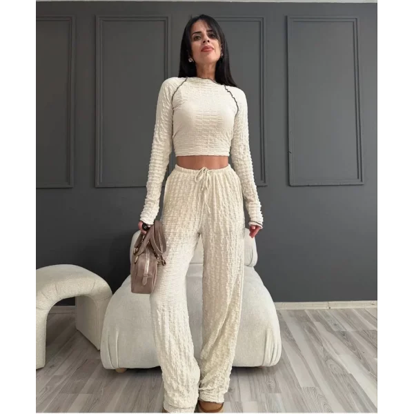 Uzun Kollu Badi ve Pantolon İkili Takım - Bej