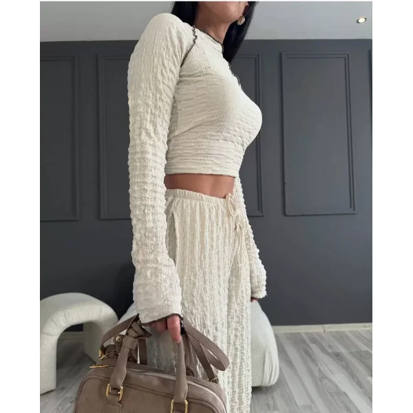 Uzun Kollu Badi ve Pantolon İkili Takım - Bej