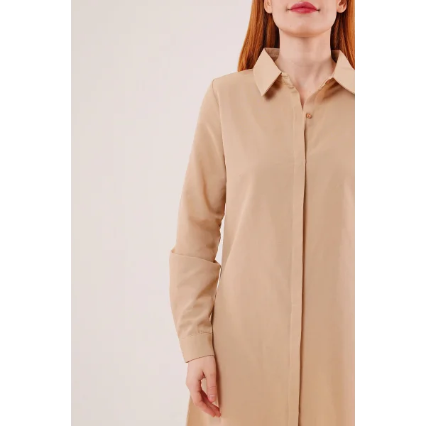 Uzun Kollu Camel Tunik Gömlek Elbise
