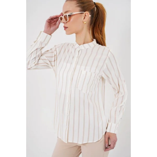 Uzun Kollu Çizgili Gömlek 20283 - Bej
