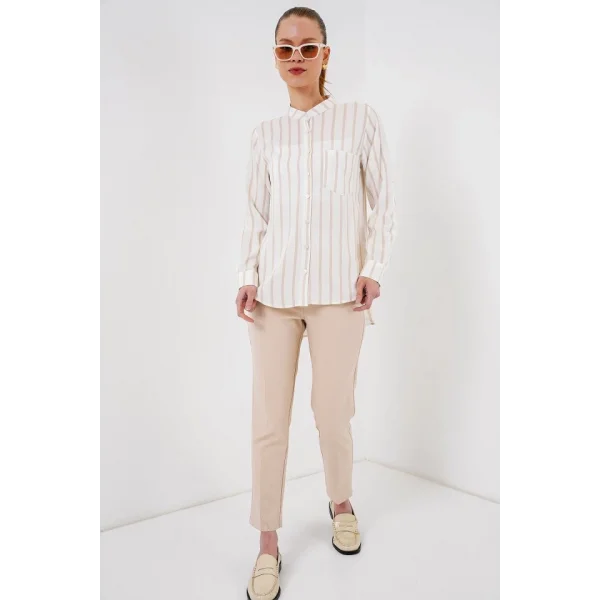 Uzun Kollu Çizgili Gömlek 20283 - Bej