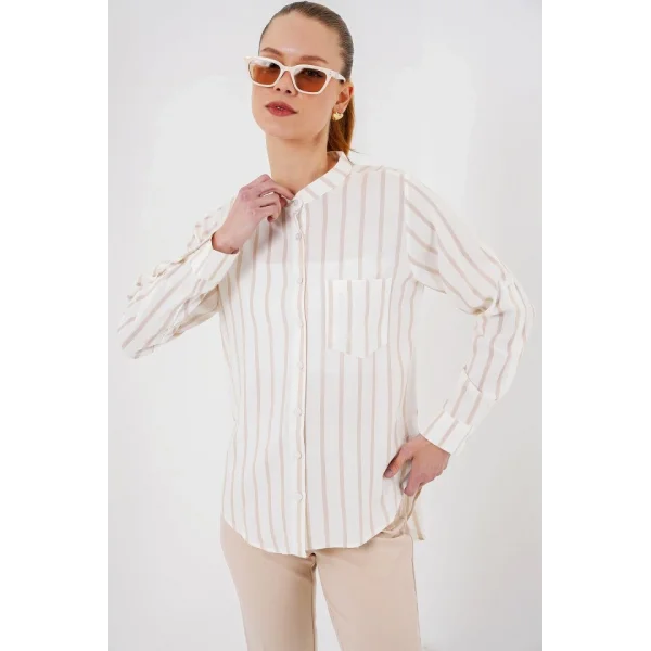 Uzun Kollu Çizgili Gömlek 20283 - Bej