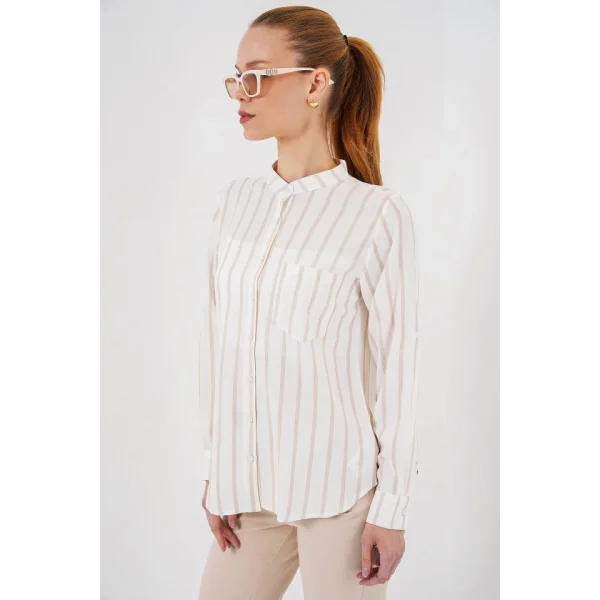 Uzun Kollu Çizgili Gömlek 20283 - Bej
