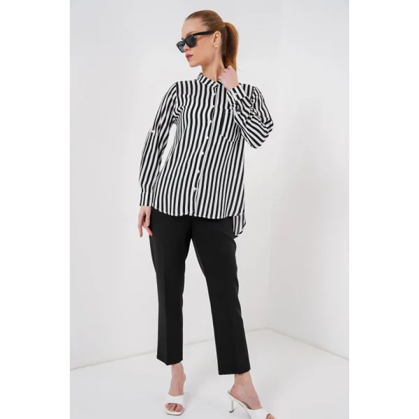 Uzun Kollu Çizgili Gömlek 20283 - Beyaz