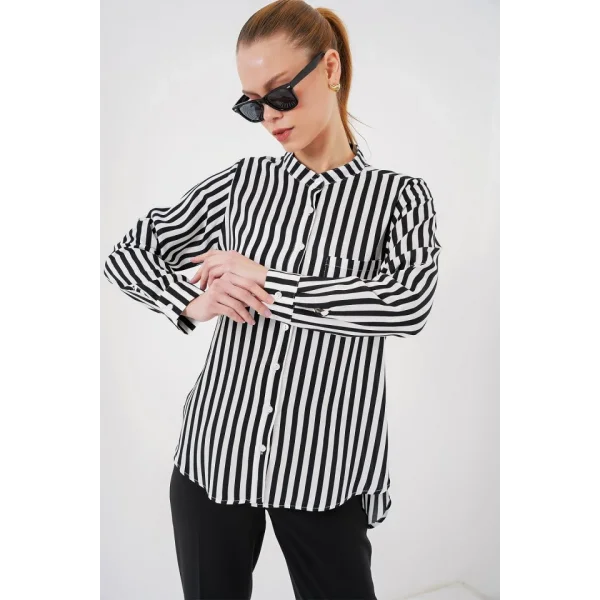 Uzun Kollu Çizgili Gömlek 20283 - Beyaz