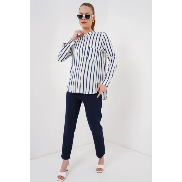 Uzun Kollu Çizgili Gömlek 20283 - B.Lacivert