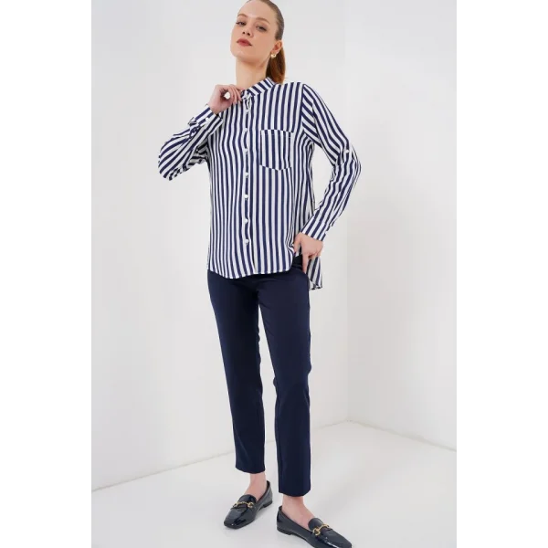 Uzun Kollu Çizgili Gömlek 20283 - Lacivert