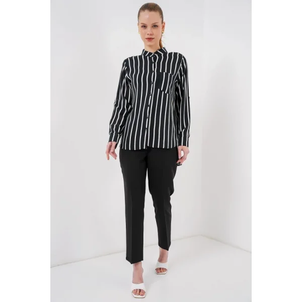 Uzun Kollu Çizgili Gömlek 20283 - Siyah