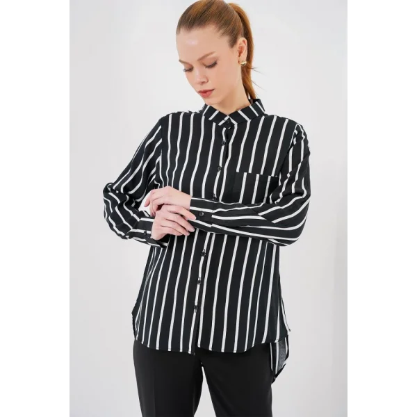 Uzun Kollu Çizgili Gömlek 20283 - Siyah