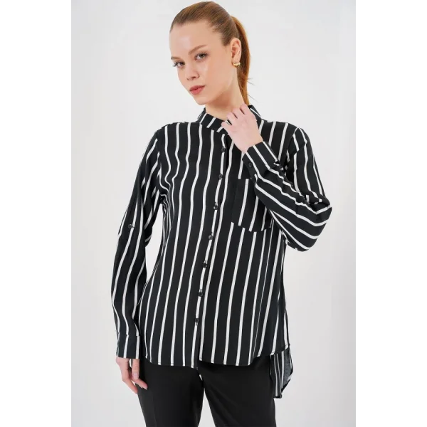 Uzun Kollu Çizgili Gömlek 20283 - Siyah