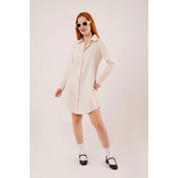 Uzun Kollu Ekru Tunik Gömlek Elbise