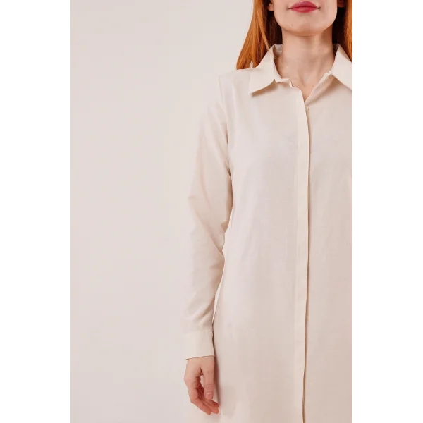 Uzun Kollu Ekru Tunik Gömlek Elbise