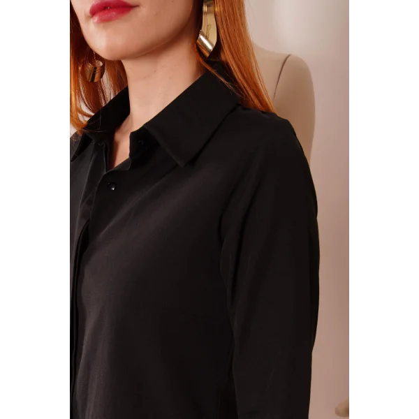 Uzun Kollu Koyu iyah Tunik Gömlek Elbise