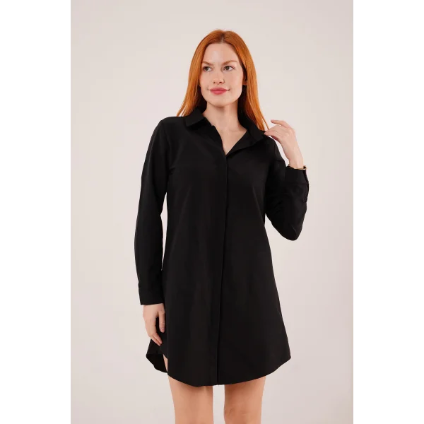 Uzun Kollu Koyu iyah Tunik Gömlek Elbise