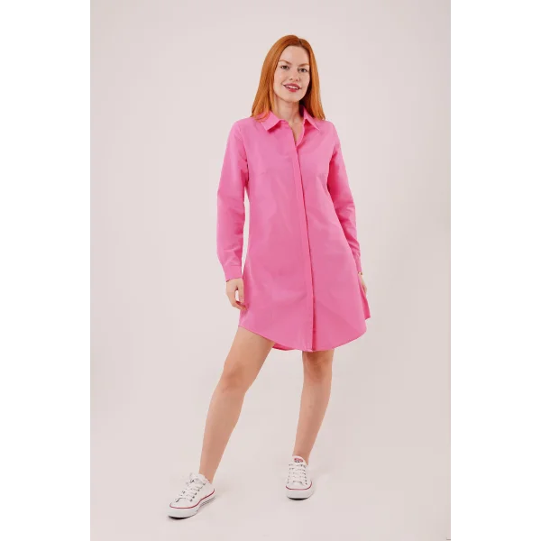Uzun Kollu Koyu Pembe Tunik Gömlek Elbise