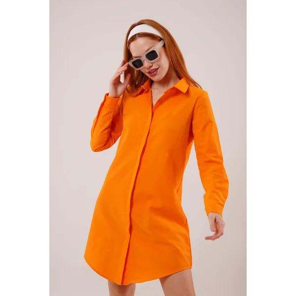 Uzun Kollu Koyu Turuncu Tunik Gömlek Elbise