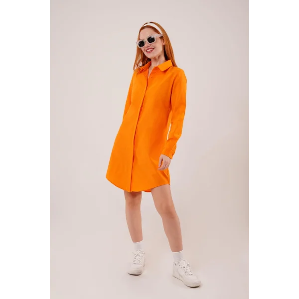 Uzun Kollu Koyu Turuncu Tunik Gömlek Elbise