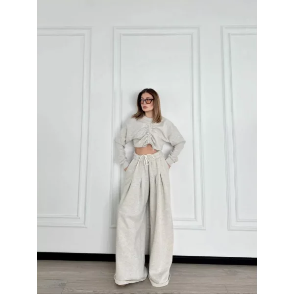 Uzun Kollu Önü İp Büzgülü Crop ve Pantolon İkili Takım - Gri