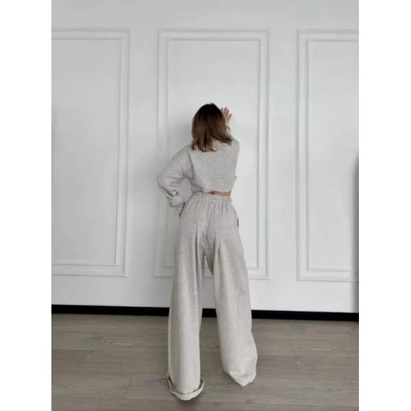 Uzun Kollu Önü İp Büzgülü Crop ve Pantolon İkili Takım - Gri