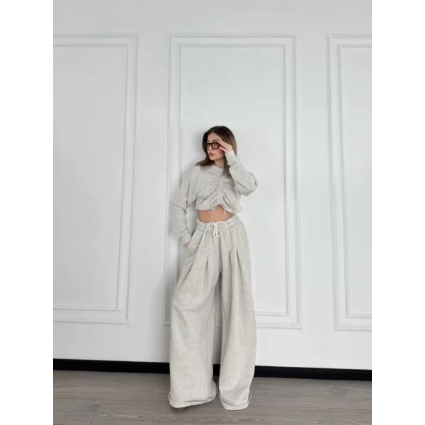 Uzun Kollu Önü İp Büzgülü Crop ve Pantolon İkili Takım - Gri
