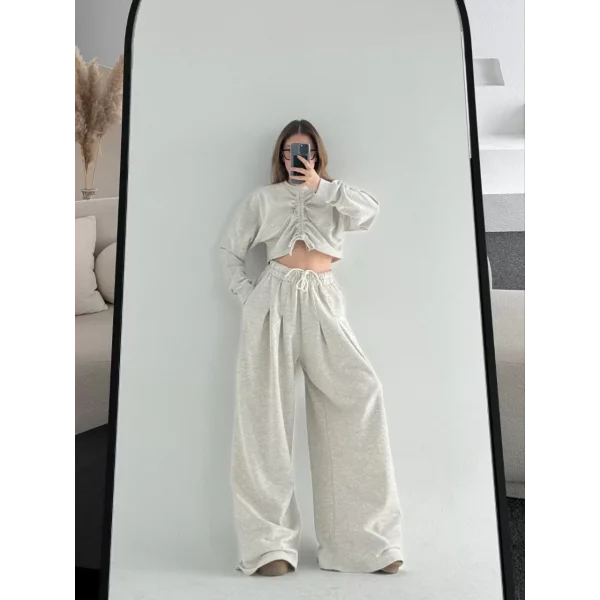 Uzun Kollu Önü İp Büzgülü Crop ve Pantolon İkili Takım - Gri