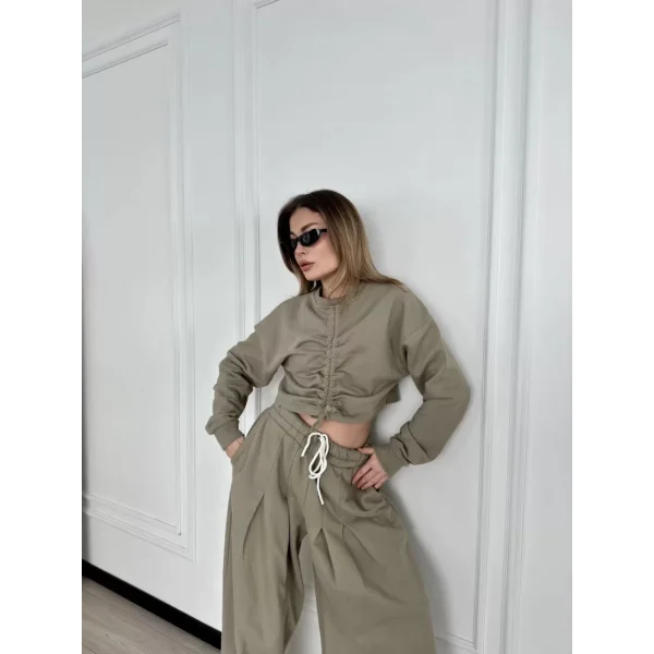 Uzun Kollu Önü İp Büzgülü Crop ve Pantolon İkili Takım - Haki