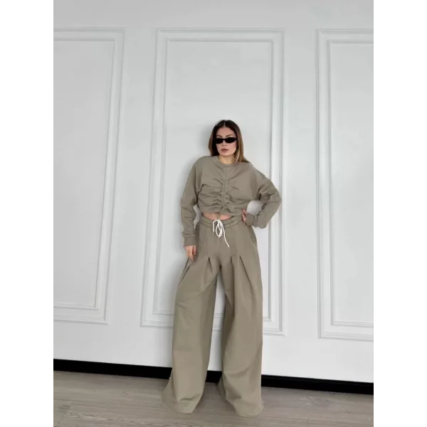 Uzun Kollu Önü İp Büzgülü Crop ve Pantolon İkili Takım - Haki