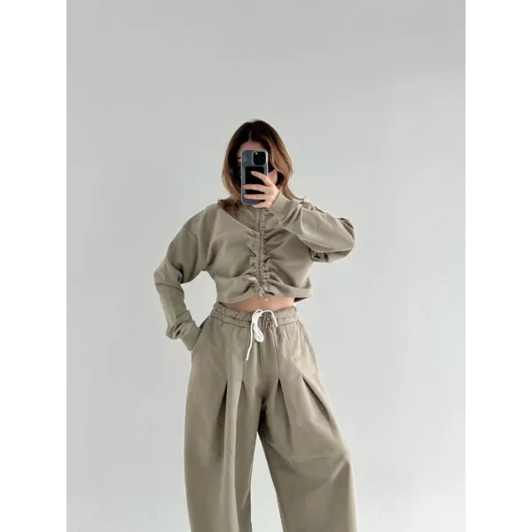 Uzun Kollu Önü İp Büzgülü Crop ve Pantolon İkili Takım - Haki