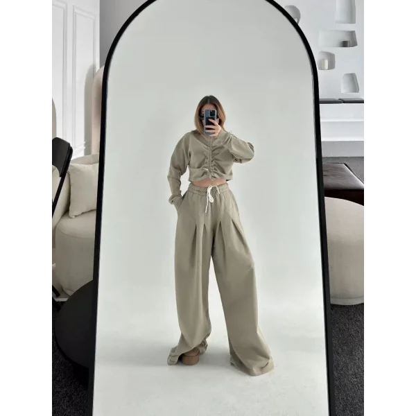 Uzun Kollu Önü İp Büzgülü Crop ve Pantolon İkili Takım - Haki