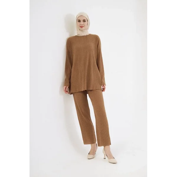 Uzun Kollu Organik Yıkanmış Kumaş Fitilli Pantolonlu Takım - Kahve