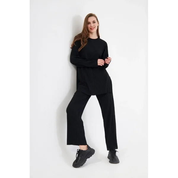 Uzun Kollu Organik Yıkanmış Kumaş Fitilli Pantolonlu Takım - Siyah