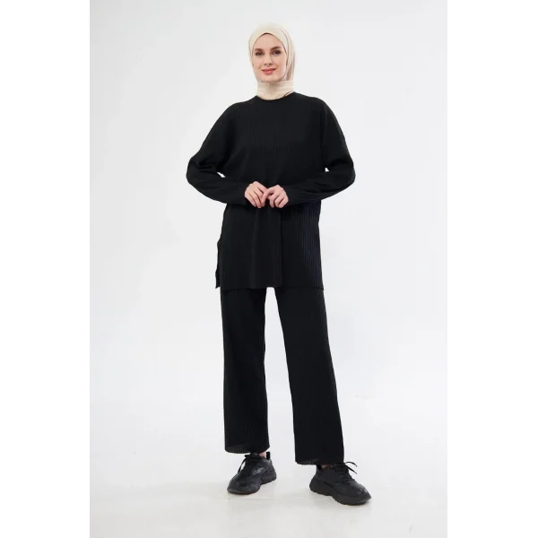 Uzun Kollu Organik Yıkanmış Kumaş Fitilli Pantolonlu Takım - Siyah