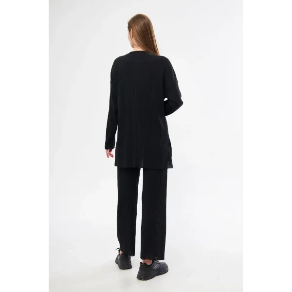 Uzun Kollu Organik Yıkanmış Kumaş Fitilli Pantolonlu Takım - Siyah