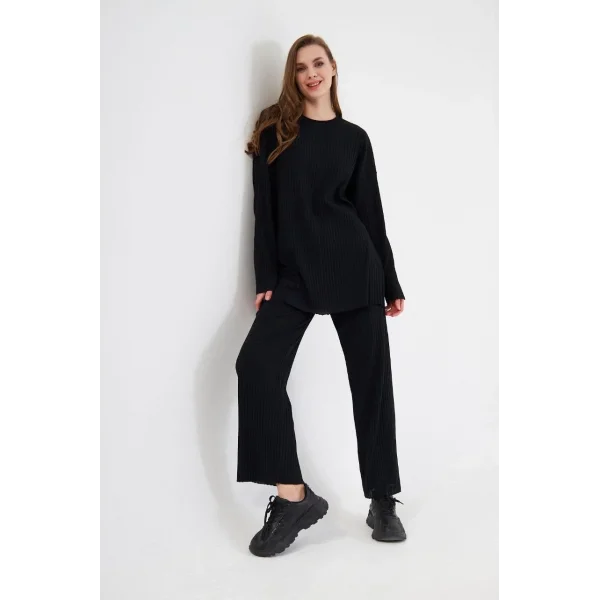 Uzun Kollu Organik Yıkanmış Kumaş Fitilli Pantolonlu Takım - Siyah